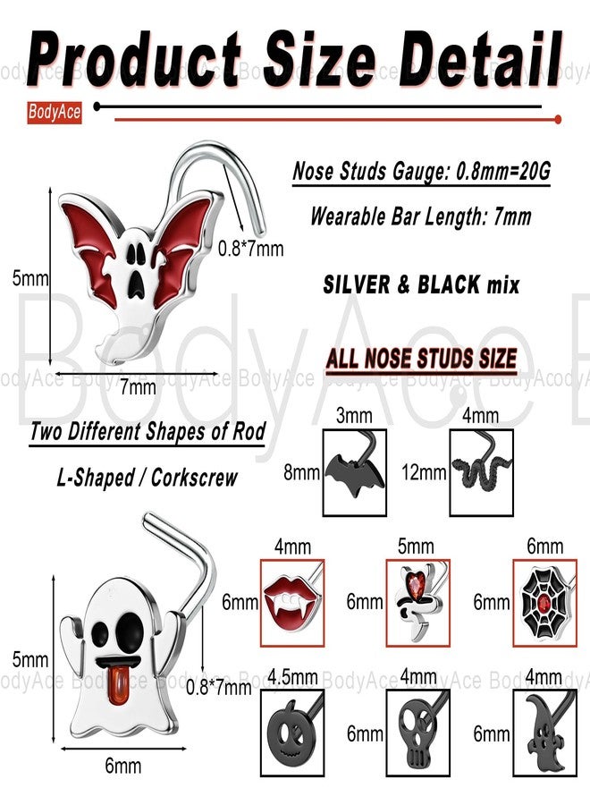 BodyAce 20G Nose Rings Halloween Nostril Studs Black Nose Stud Stainless Steel Nostril Ring L Shaped Nose Piercings Bat Skulls Pumpkins Halloween Jewelry [A:Screw] - Image 2